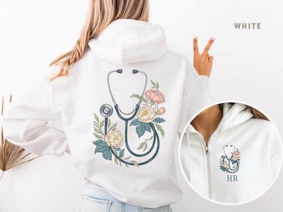 Custom Floral Stethoscope Zip Up Hoodie Doctor or Nurse Medical Graduation Gift Women's Nursing School Hooded Sweatshirt Floral Nurse Shirt
