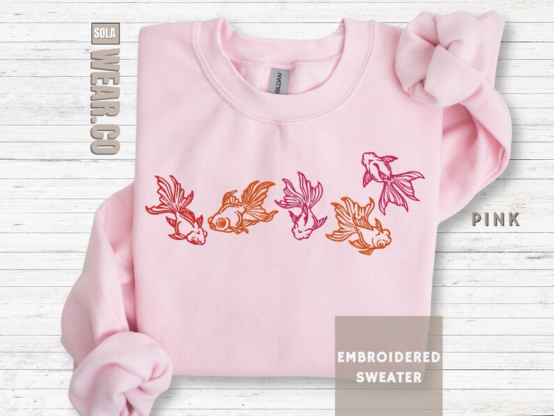 Goldfish Sweatshirt Embroidered Fish Top Aquarium Enthusiast Gift Dad Present Idea Koi Aesthetic Shirt Men Aquarium Lover Gift Fishkeeper Light Pink