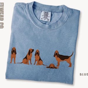 May include: A blue jean t-shirt with a graphic of five brown and tan Bloodhounds. The t-shirt has a tag that says "Comfort Colors" and "S - P - CH".