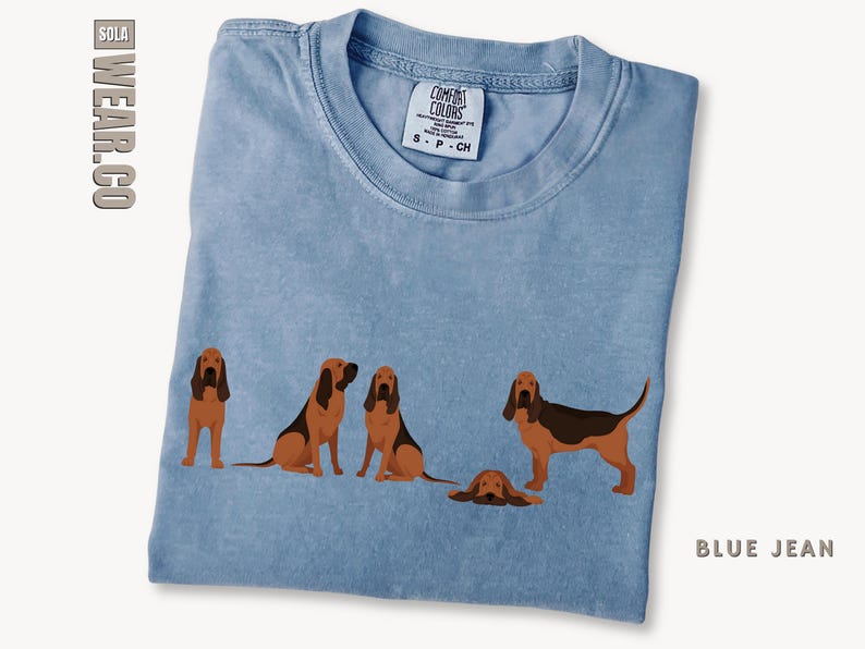 May include: A blue jean t-shirt with a graphic of five brown and tan Bloodhounds. The t-shirt has a tag that says "Comfort Colors" and "S - P - CH".