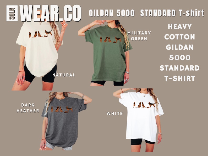 May include: Five different color t-shirts with a graphic print of a group of dogs. The colors are natural, military green, dark heather, white, and black. The text "WEAR.CO GILDAN 5000 STANDARD T-shirt" is at the top of the image. The text "HEAVY COTTON GILDAN 5000 STANDARD T-SHIRT" is on the right side of the image.