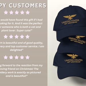 Customer photos and reviews of embroidered United States 250th anniversary baseball caps showing real wear.