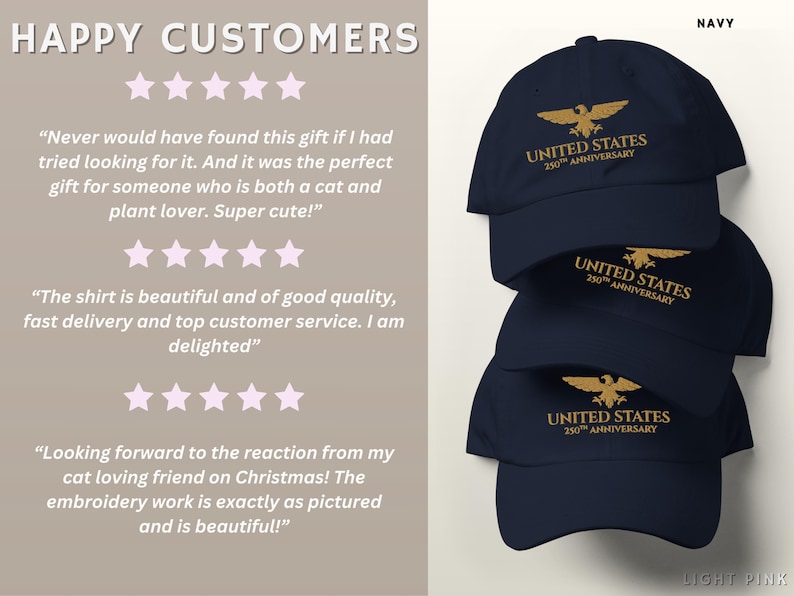 Customer photos and reviews of embroidered United States 250th anniversary baseball caps showing real wear.