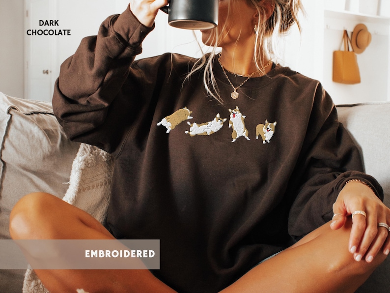 Embroidered Corgi Sweatshirt Aesthetic Corgi Shirt Corgi Lover Sweater Mothers Day Fathers Day Gift for Corgi Dog Dad Mom Welsh Corgi in Dark Chocolate