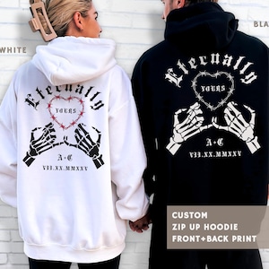 Sudadera con capucha personalizada para parejas, estilo gótico, con esqueleto, alambre de púas y corazón. Sudadera con cremallera para parejas, regalo de boda alternativo para Halloween. Camiseta a juego para él y para ella, estilo metal rock.