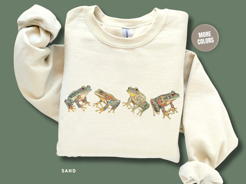 Frog Sweatshirt Gift Nature Lover Cottagecore Aesthetic Witch Hoodie Unisex Apparel Garden Enthusiast Amphibian Fan Wildlife Crewneck Boho Sweater Sand
