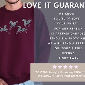 Love it guarantee graphic showing satisfaction promise for embroidered horse sweatshirt