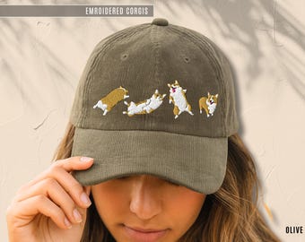 Personalized Corgi Embroidered Vintage Corduroy Cap Custom Dog Name Hat Gift for Welsh-Corgi Lovers Retro Dad Hat
