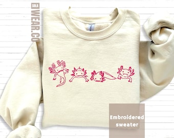 Embroidered Axolotl Sweatshirt Cute Amphibian Jumper Kawaii Animal Lover Gift for Daughter Son Girlfriend