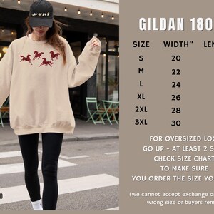 Gildan 18000 sixe chart with measurements for embroidered horse sweatshirt