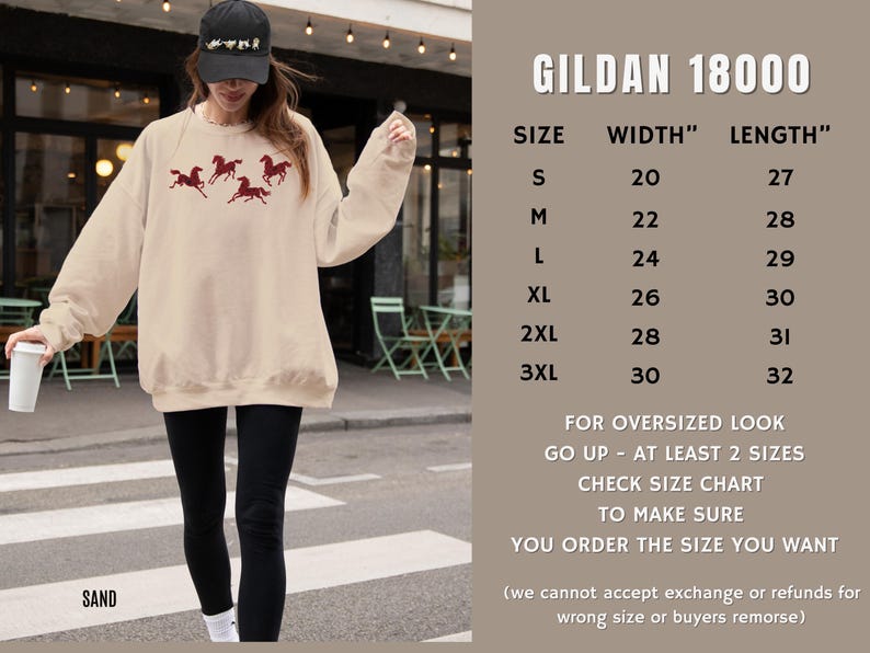 Gildan 18000 sixe chart with measurements for embroidered horse sweatshirt