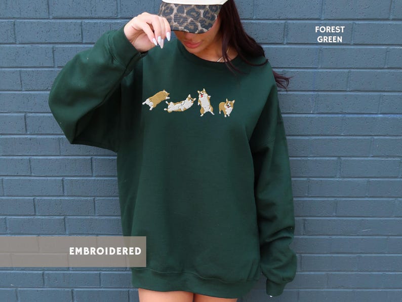 Embroidered Corgi Sweatshirt Aesthetic Corgi Shirt Corgi Lover Sweater Mothers Day Fathers Day Gift for Corgi Dog Dad Mom Welsh Corgi in Forest Green
