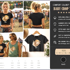 Women’s black baby crop tee size chart and lifestyle collage featuring GRUMPH albino buffalo graphic.