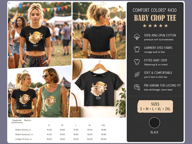 Women’s black baby crop tee size chart and lifestyle collage featuring GRUMPH albino buffalo graphic.