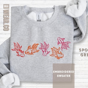 Goldfish Sweatshirt Embroidered Fish Top Aquarium Enthusiast Gift Dad Present Idea Koi Aesthetic Shirt Men Aquarium Lover Gift Fishkeeper Sport Grey