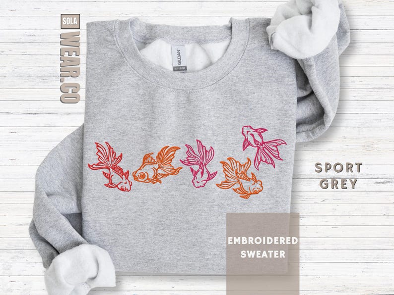 Goldfish Sweatshirt Embroidered Fish Top Aquarium Enthusiast Gift Dad Present Idea Koi Aesthetic Shirt Men Aquarium Lover Gift Fishkeeper Sport Grey