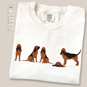 May include: A white t-shirt with a graphic of five brown and black Bloodhound dogs. The shirt is a Comfort Colors brand and is available in ivory.