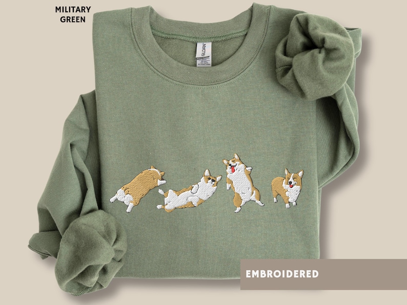 Embroidered Corgi Sweatshirt Aesthetic Corgi Shirt Corgi Lover Sweater Mothers Day Fathers Day Gift for Corgi Dog Dad Mom Welsh Corgi in Military Green