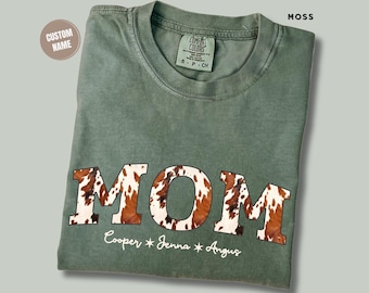 Custom Cow Print Mom Comfort Colors Shirt with Kids Names