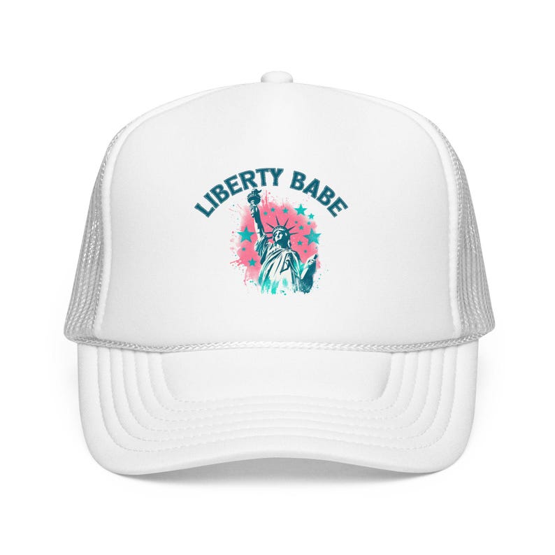 Liberty Babe Trucker Hat Pink Patriotic Cap Retro Statue of Liberty Foam Hat Cute July 4th Hat for Women Coquette USA Gift White
