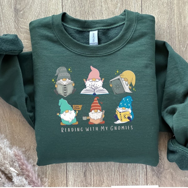 Reading with my Gnomies Sweatshirt, Ghost Reading Books Sweater, Bookish Gnome Sweater,Teacher Gift, Librarian Hoodie, Gnome Crew Neck