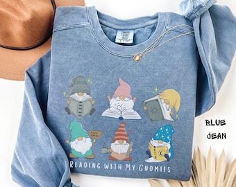 Reading with My Gnomies Cute Scandi Gnome Gonk Lightweight Crewneck Sweatshirt  Fun Bookworm Gift for Book Lover  Comfort color Sweater