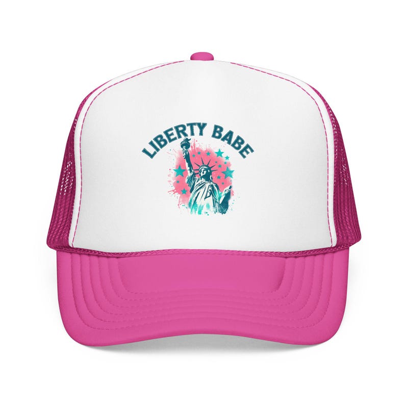 Liberty Babe Trucker Hat Pink Patriotic Cap Retro Statue of Liberty Foam Hat Cute July 4th Hat for Women Coquette USA Gift Hot Pink/ White/ Hot Pink