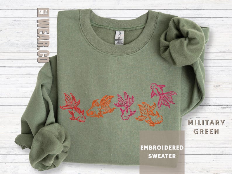 Goldfish Koi Design Sweatshirt Fancy Fish Embroidered Apparel Aquatic Tank Owner Clothing Fishkeeper Hobby Shirt Aquarium Enthusiast Gift Dad Present Idea Colorful Orange Red Pink Details Aesthetic Casual Wear Aquarist Clothing Pet Fish