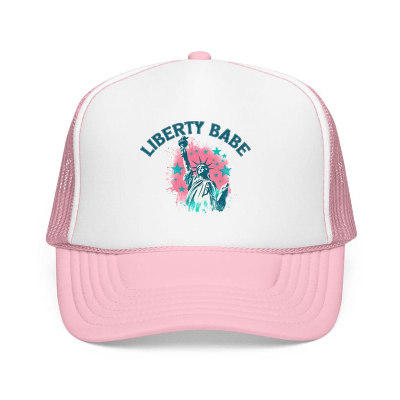 Liberty Babe Trucker Hat Pink Patriotic Cap Retro Statue of Liberty Foam Hat Cute July 4th Hat for Women Coquette USA Gift Light Pink/White
