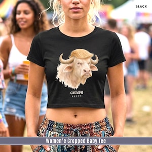 Black women’s baby crop tee with GRUMPH buffalo graphic styled for summer festival outfit.