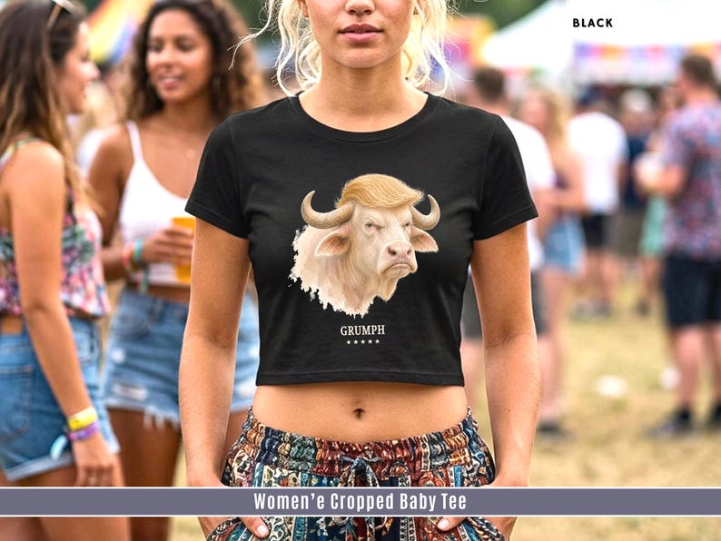 Black women’s baby crop tee with GRUMPH buffalo graphic styled for summer festival outfit.