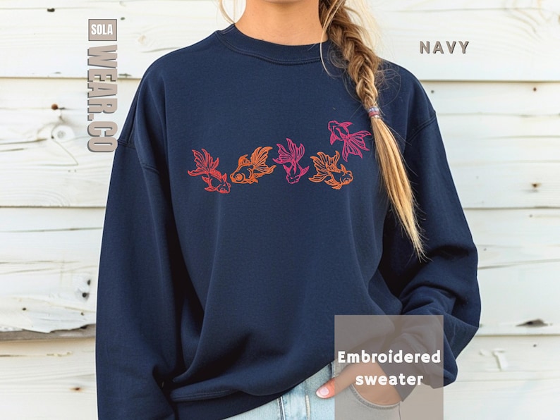 Fancy Goldfish Embroidered Clothing Colorful Fish Design Sweatshirt Aquatic Aesthetic Apparel Koi Pattern Shirt Aquarium Hobby Wear Orange Red Pink Goldfish Details Fishkeeper Gift Idea Dad Present Fish Tank Enthusiast Clothing Aquarist