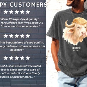 Happy customers review slide for GRUMPH buffalo graphic shirt with five star feedback and lifestyle tee image.