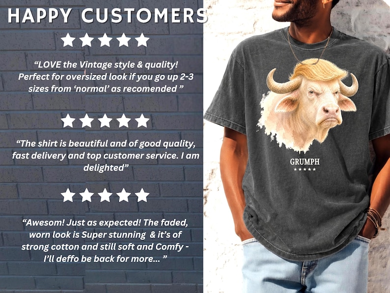 Happy customers review slide for GRUMPH buffalo graphic shirt with five star feedback and lifestyle tee image.