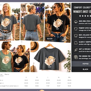 Comfort Colors women’s boxy crop tee size guide with Pepper and Black GRUMPH buffalo shirt options.
