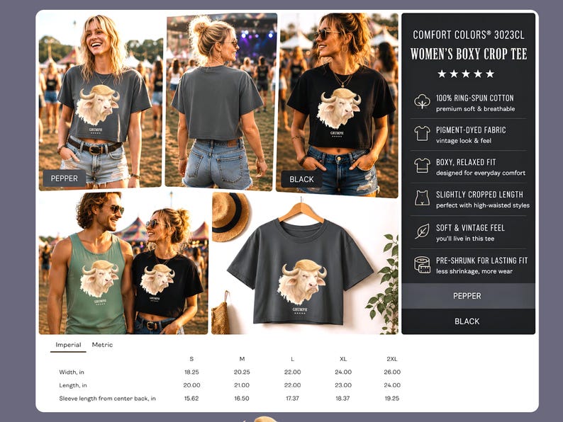 Comfort Colors women’s boxy crop tee size guide with Pepper and Black GRUMPH buffalo shirt options.