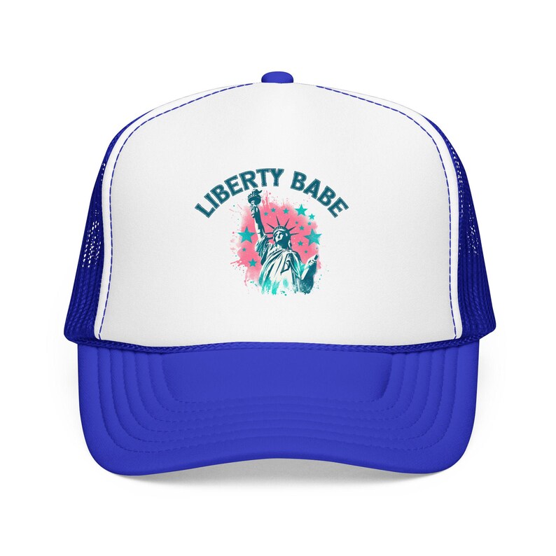 Liberty Babe Trucker Hat Pink Patriotic Cap Retro Statue of Liberty Foam Hat Cute July 4th Hat for Women Coquette USA Gift Royal / White / Royal