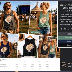 Comfort Colors 9360 unisex tank top collage with GRUMPH buffalo design colors and size chart.
