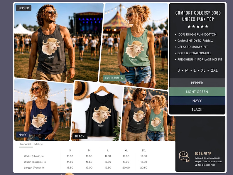 Comfort Colors 9360 unisex tank top collage with GRUMPH buffalo design colors and size chart.