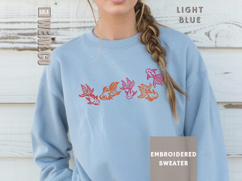 Goldfish Sweatshirt Embroidered Fish Top Aquarium Enthusiast Gift Dad Present Idea Koi Aesthetic Shirt Men Aquarium Lover Gift Fishkeeper Light Blue