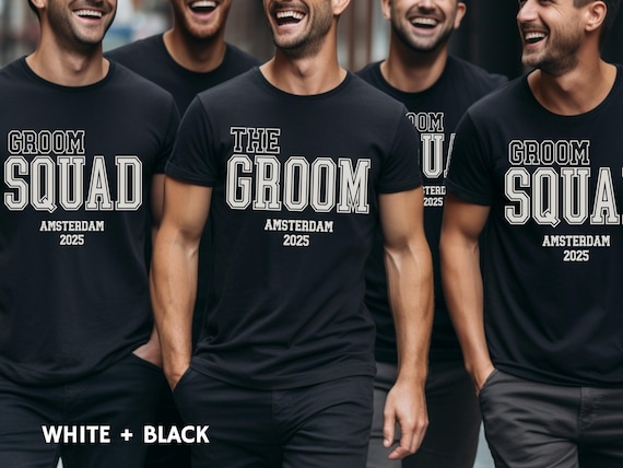 Groom Squad T-Shirt, Trendy Bachelor Party Weekend Outfit Personalized Men's Gift Custom Wedding Crew Tee Varsity Aesthetic Stag Do Apparel