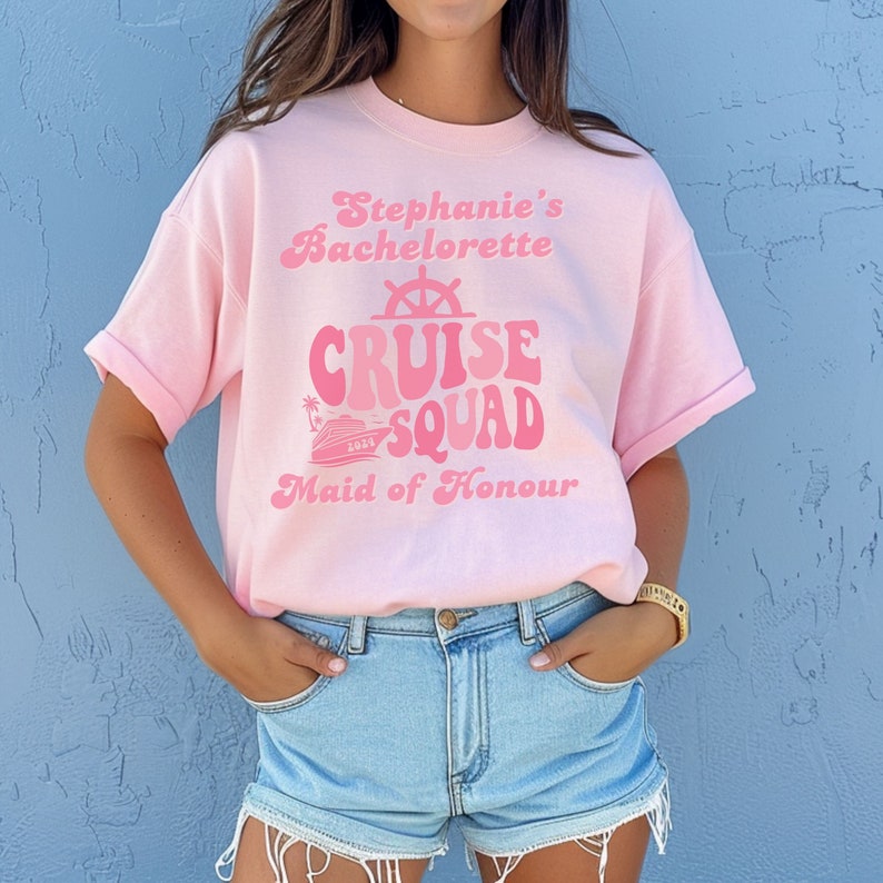 Custom Cruise Bachelorette Squad 2024 Shirt - Personalized Hen Party yacht Crew Tshirt - Trendy Retro Candy Pink Bachelorette Bach Gifts