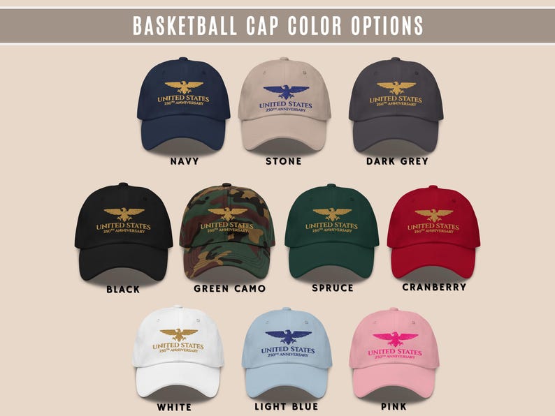 Dark grey embroidered United States 250th anniversary cap with gold eagle embroidery, front and back views.