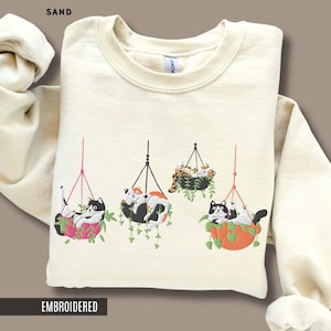 Cat Mom Embroidered Sweatshirt Cozy Gift for Cat and Plant Lovers