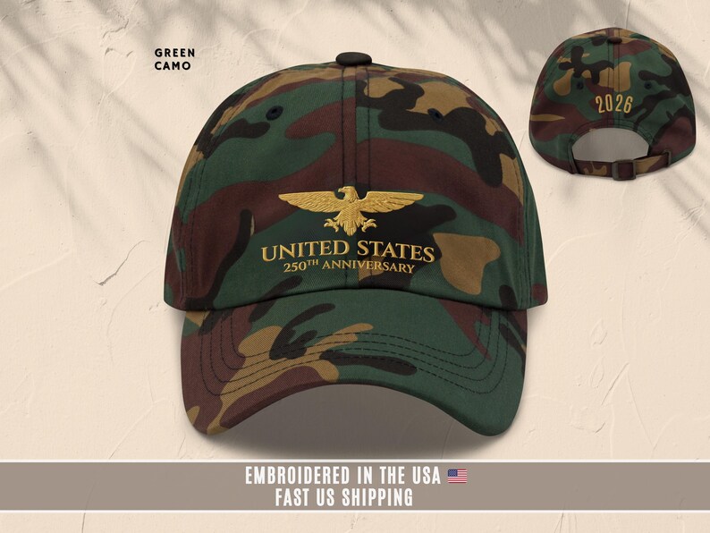 Camouflage embroidered United States 250th anniversary cap with gold eagle design, front and back view.