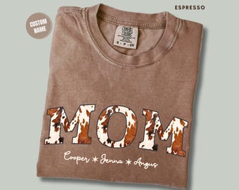 Custom Cow Print Mom T-Shirt Comfort Colors Tee Personalized Kids Names