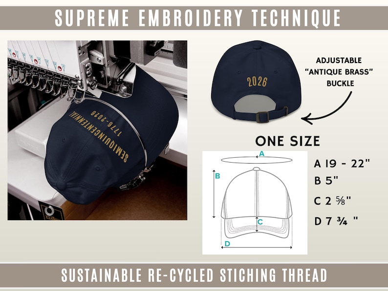 Close up of premium embroidery on United States 250th anniversary baseball cap, showing stitching quality and fit.