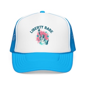 Liberty Babe Trucker Hat Pink Patriotic Cap Retro Statue of Liberty Foam Hat Cute July 4th Hat for Women Coquette USA Gift Blue/White