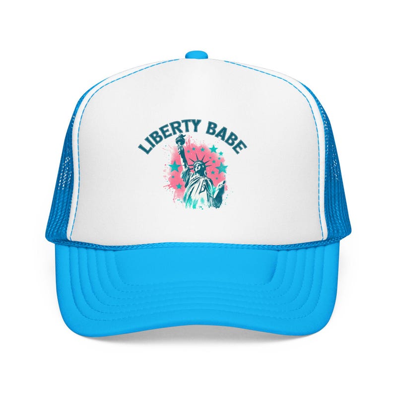 Liberty Babe Trucker Hat Pink Patriotic Cap Retro Statue of Liberty Foam Hat Cute July 4th Hat for Women Coquette USA Gift Blue/White