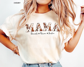 Custom Mama Shirt Cow Print Tee Personalized Mom Top Western Style Clothing Comfort Colors Mom Gift Kids Names Shirt Varsity Lettering